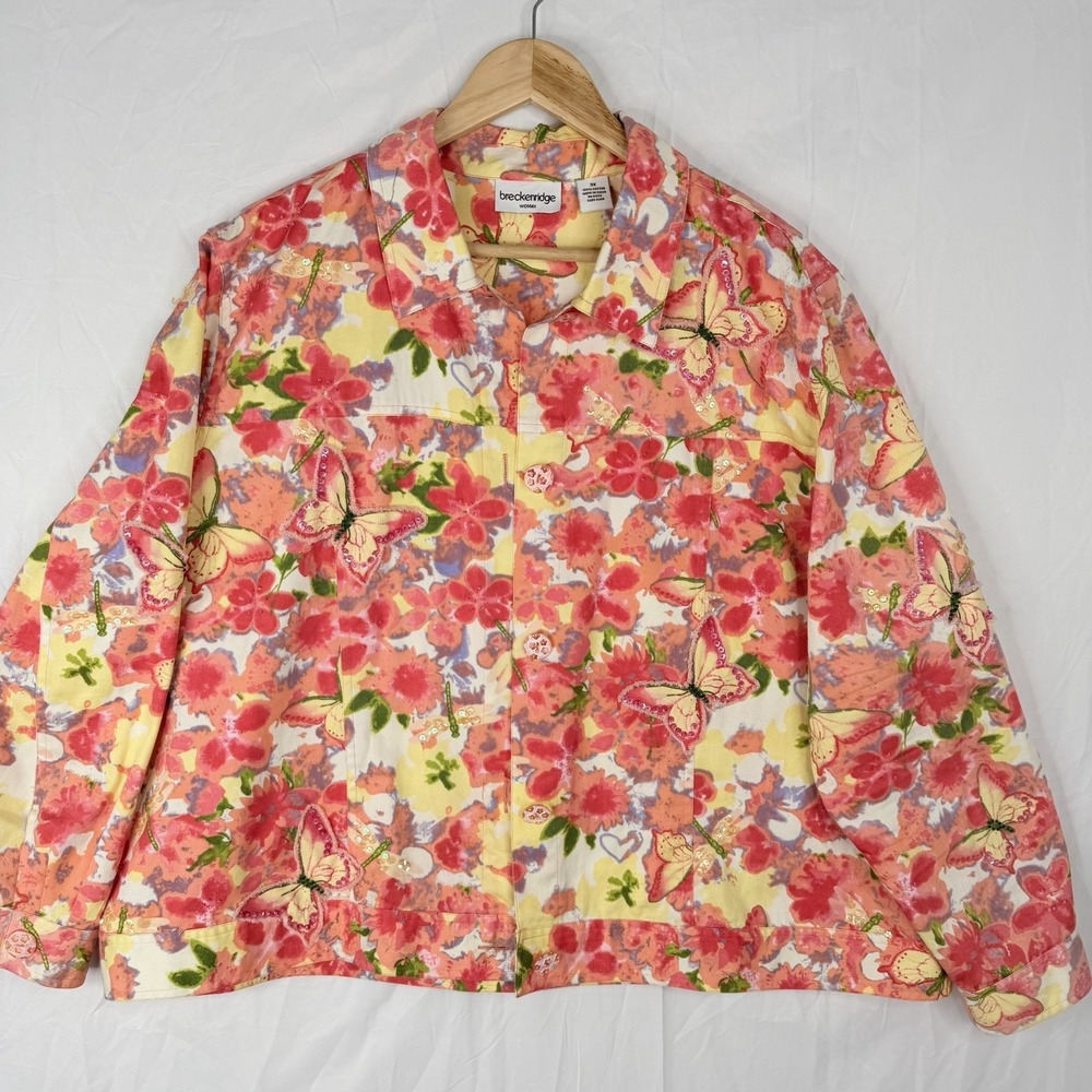Vintage Breckenridge 3X Coral Yellow Green Floral Butterflies Women‎ Blazer Boho